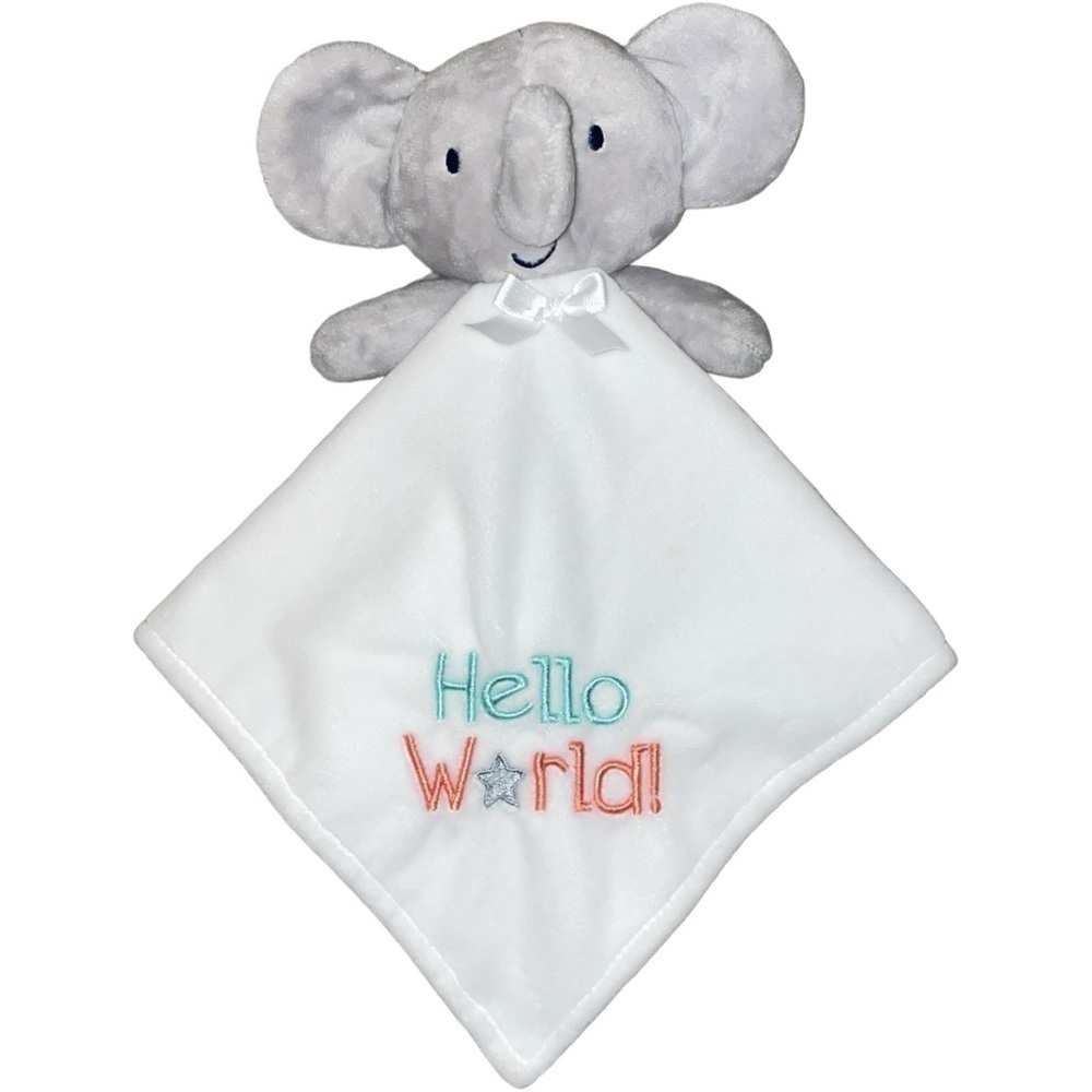 Little Me Unisex Infant Hello World Lovey Rattle Elephant Satin Back White Gray